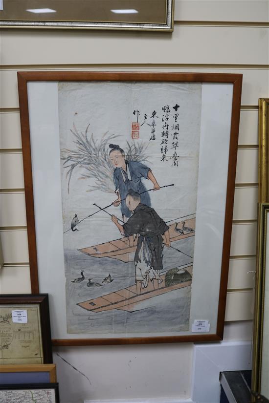 Chinese School Cormorant fisherman 67 x 34cm